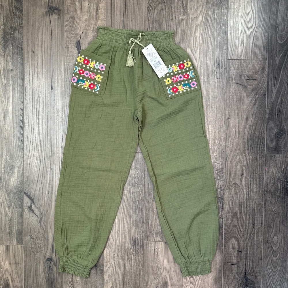 Peek Kids Olive Green Gauze Embroidered Floral Pants Size‎ 12